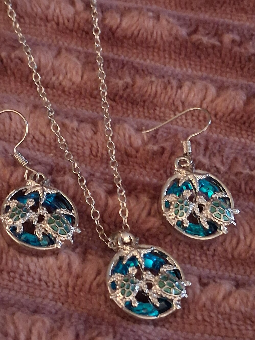 Sterling Crystal Sea Turtle Pendant Necklace & Earrings Set .925 Sterling Snake